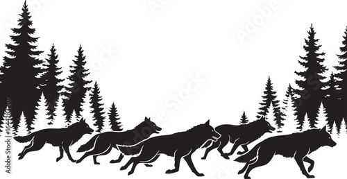Vector art of pack of wolves running through a forest, isolated on white background