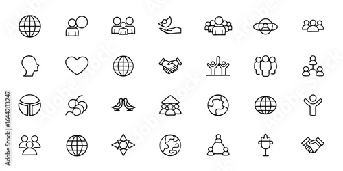 Cultural Diversity and Global Inclusion Icon Bundle – Minimalist Line Art Multicultural People, Global Unity, Language Exchange, World Flags, International Partnership, and Inclusion