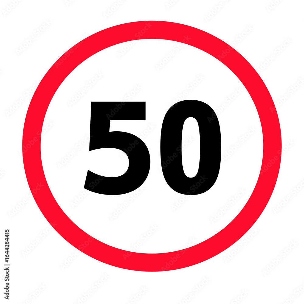 A speed limit sign with a red circle and the number fifty in black on a black background displayed A speed limit sign with a red circle and the number fifty in black on a black background displayed