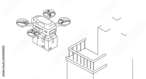 Drone delivery isometric design with building and balcony outline