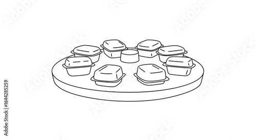 Outline drawing of a sushi conveyor belt with containers displayed on a round platform