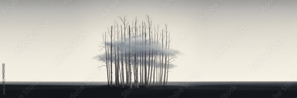 Obraz premium Mental Health Editorial Header — Minimalist Panoramic Digital Composite Leafless White Birch Cluster Low Gray Cloud, Muted Beige Gradient Background, Dark Charcoal Foreground, Copy Space (Depression, 