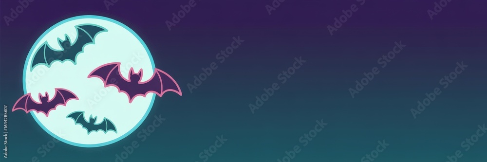 Fototapeta premium Vector Illustration: Neon Cartoon Flying Bats Aqua Full Moon, Magenta & Teal Outlines Dark Purple-to-Teal Gradient — Left-Aligned Halloween Banner Right-Side Copy Space Website/Social Media Hero, Part