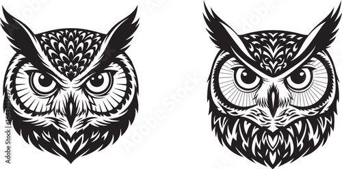 Vector art of detailed black and white illustration of an owl head isolated on white background