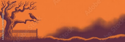 Panoramic Halloween Vector Illustration — Vintage Engraving Style Orange Background Gnarled Leafless Tree & Perched Crow, Ornate Iron Fence, Foggy Halftone Hills, Dark Purple Silhouettes, Grassy Foreg