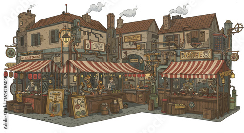 Vintage street market with steampunk architecture and merchants in cartoon style