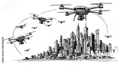Futuristic drone fleet over cityscape in hand-drawn sketch style