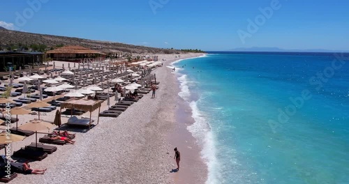 Aerial view of beach clubs along the Himare Albanian Riviera coastline on the Ionian Sea in southern Albania beside vlore.