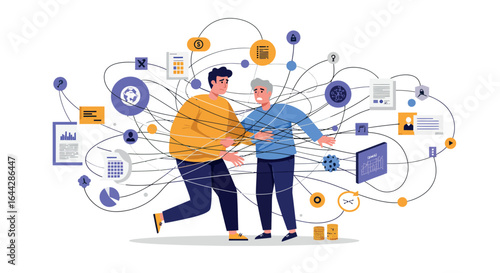 Connected people concept with digital communication and network elements