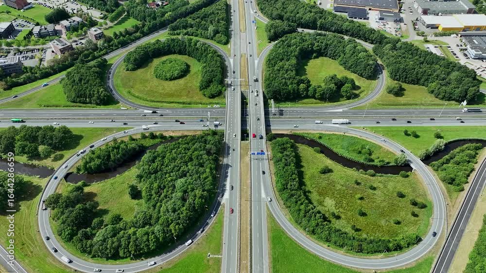 Aerial video from cloverleaf junction Drachten in Friesland the Netherlands