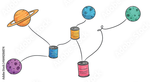String-connected planets and cans in cartoon style