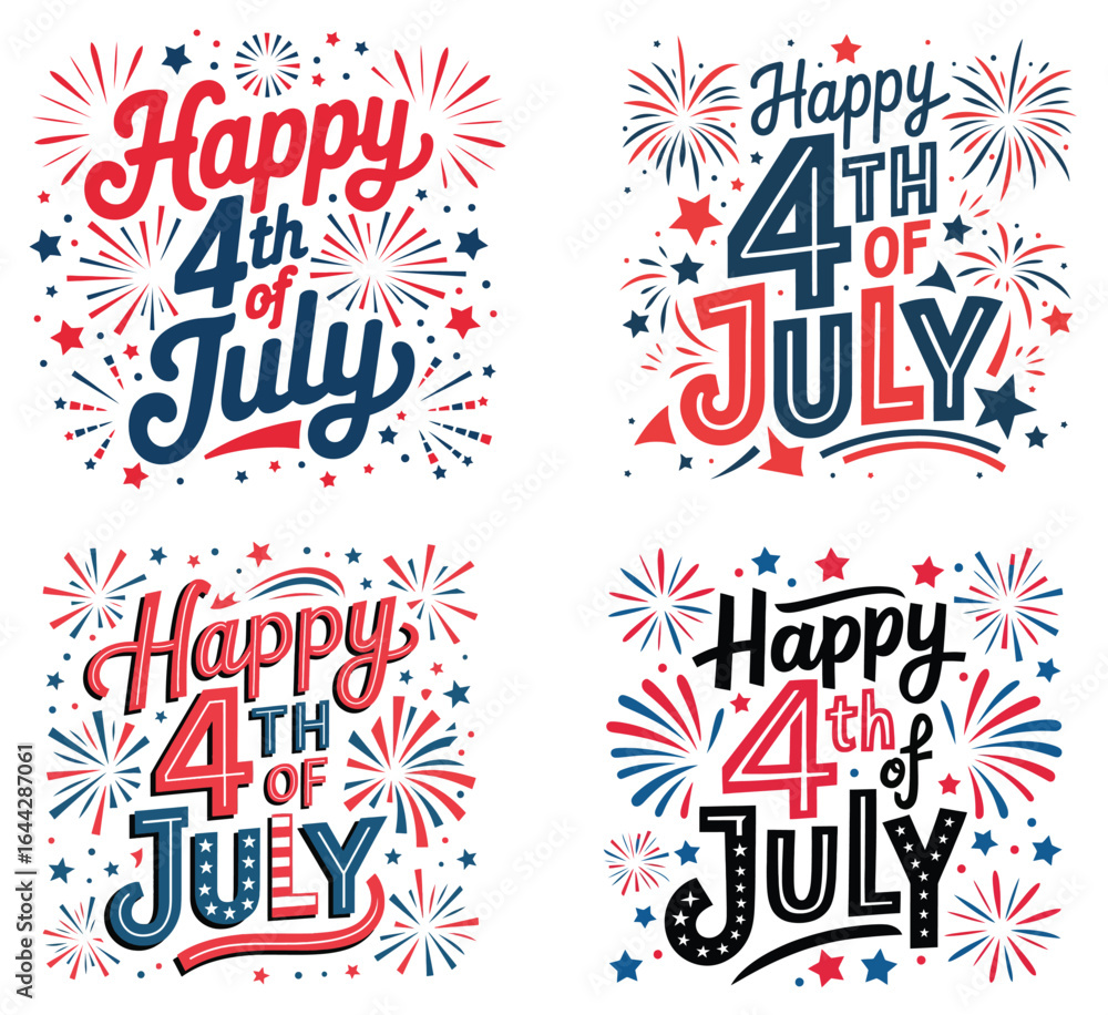 Naklejka premium Happy 4th of July Typography Set - Independence Day Fireworks Celebration Vector Design Collection