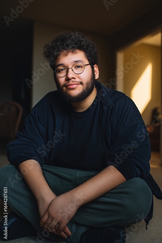 Young hispanic male sitting indoors with casual attire and glasses