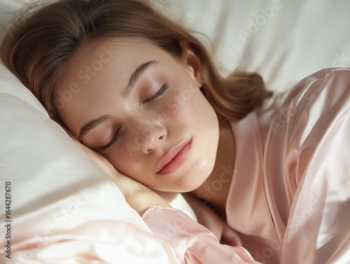 Beautiful young woman peacefully sleeping in soft morning light, dreaming sweet dreams in silk pajamas