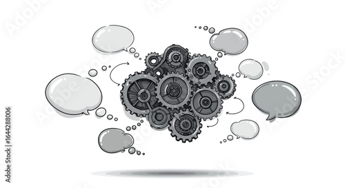 Monochrome gear cloud with speech bubbles: conceptual thinking and innovation