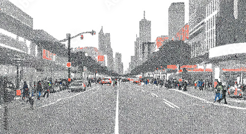 Urban crosswalk scene in pointillist style with skyscrapers and busy streets