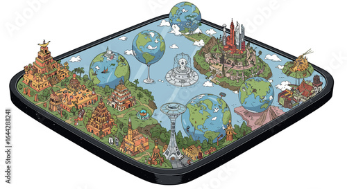 Futuristic tablet with floating global landmarks and planets in isometric style