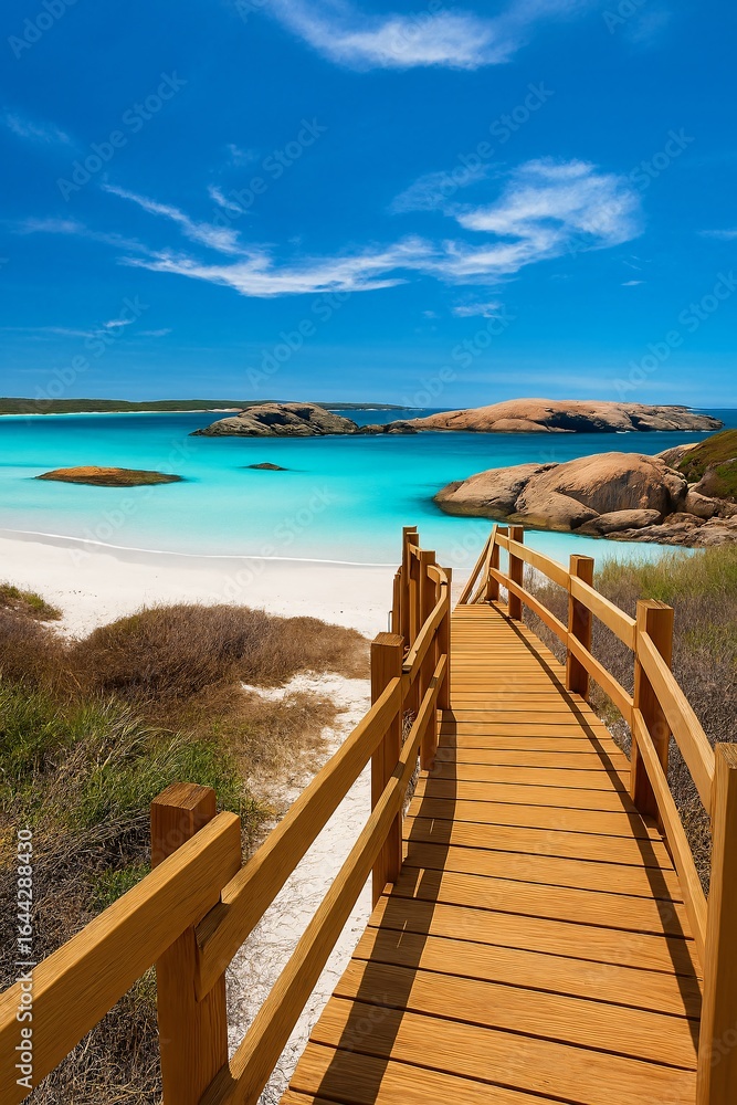 Fototapeta premium Wooden boardwalk leading to a pristine white sand beach and turquoise ocean