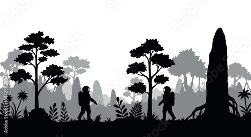 Silhouette of astronauts exploring alien jungle landscape with trees and plants
