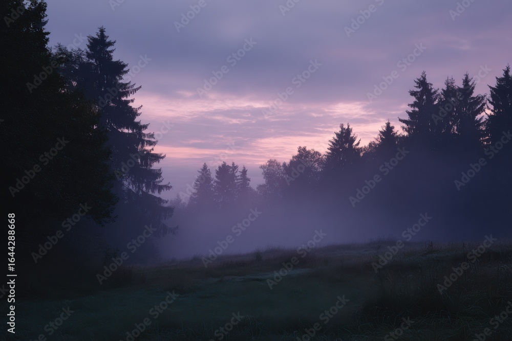 Fototapeta premium Soft fog rising from quiet forest clearing at dawn.