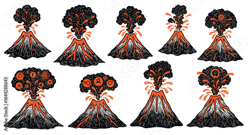 Hand drawn volcanic eruption stages with icons and lava flow