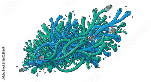 Colorful tangled network cables with connectors in a cartoon style