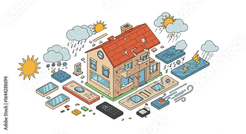 Isometric weather impact on smart home technology with detailed components