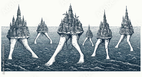 Surreal floating cityscapes on walking legs amidst ocean waves