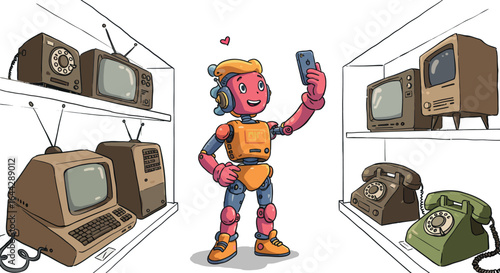 Robot taking a selfie in a retro technology museum with vintage devices