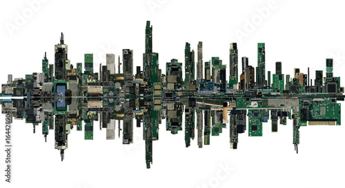 Creative motherboard cityscape with reflective skyline and urban electronics