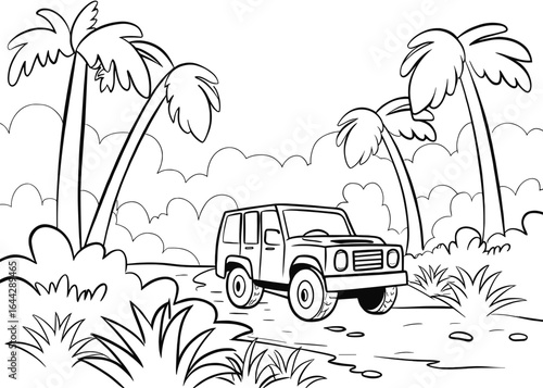 Off-road vehicle driving through a tropical landscape coloring page  