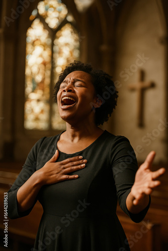 African American woman singing passionately in church sanctuary

Female gospel singer leading worship service

Woman worship leader praising God with hand extended

Devoted Christian woman singing bef