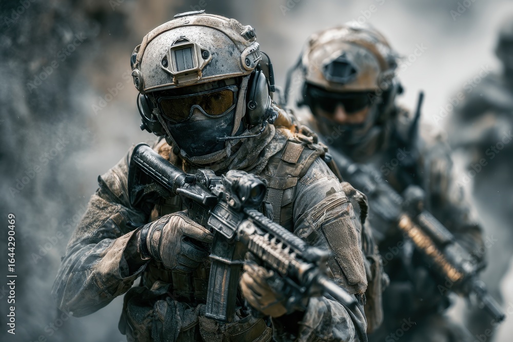 Fototapeta premium Tactical Maneuvers: Special Forces Engaged in Dynamic Military Operations with Advanced Tech