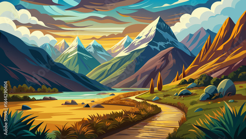 Path into dramatic valley covered by mountains New Zealand