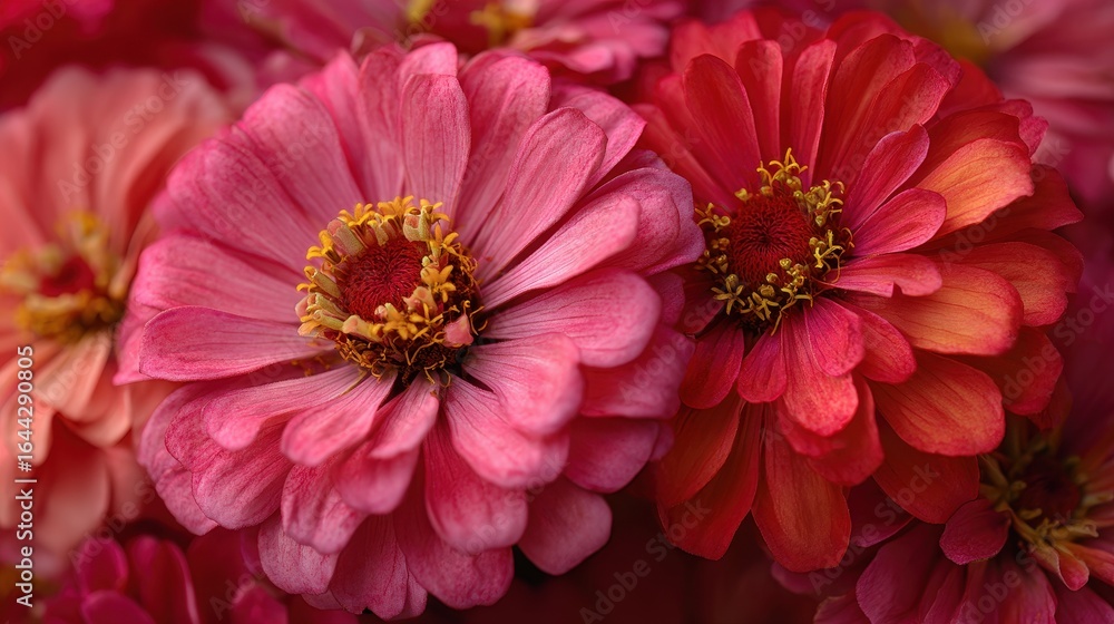 Obraz premium Vibrant Zinnias: A Burst of Pink and Red Blossoms in a Lush Garden Setting