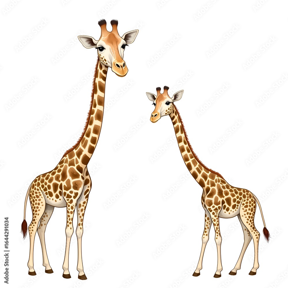 Obraz premium Two cartoon giraffes standing side by side with playful expressions