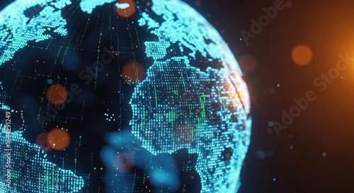 Vibrant digital earth globe illuminated by futuristic blue lights and fiery orange glow representing global connectivity and innovation