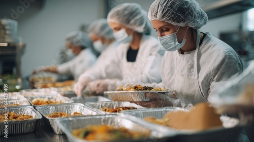 Food preparation workers wearing protective gear in a kitchen