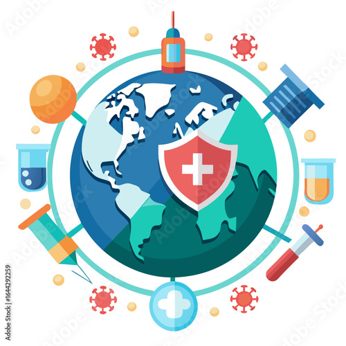 World Globe with Protective Shield and Vaccine Syringes Vector Illustration
