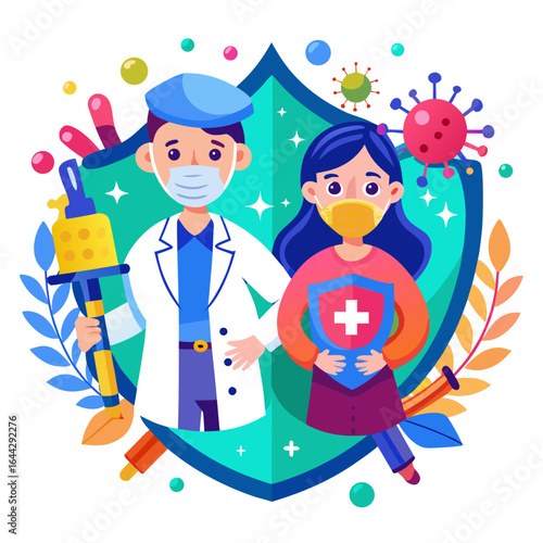 Doctor and Nurse with Vaccine Syringes and Immunity Shield Vector Illustration