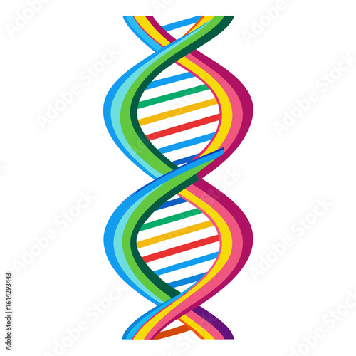 Colorful DNA Double Helix Strand with Molecular Details on White Background