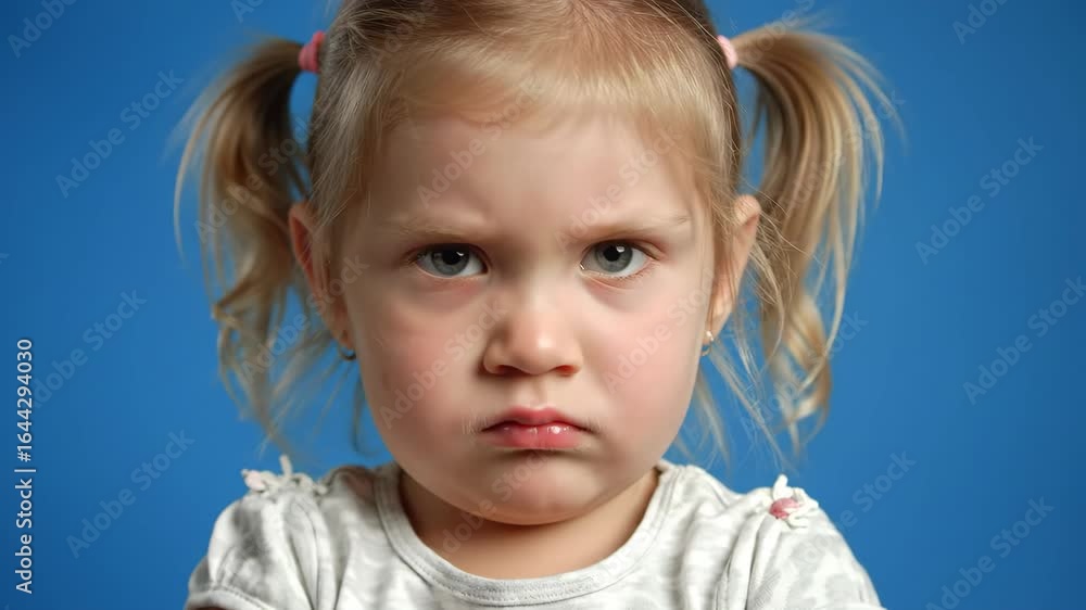 Toddler Girl's Angry Face Close Up Blue Background Toddler Girl's Angry Face Close Up Blue Background