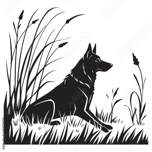 Silhouette of a german shepherd dog sitting in grass, isolated on white background, capturing a serene and peaceful moment in nature with a loyal companion