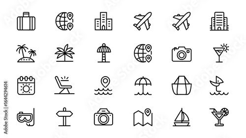 Travel and Vacation Icons Collection Featuring Diverse Destination Activities and Amenities Ideal for Web Design Projects