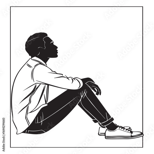 Man sitting and thinking isolated on white background, a black and white illustration of a man sitting in a thoughtful pose, perfect for representing contemplation and reflection