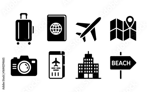 Black and White Travel Icon Set for Travel Agency Promotion or Tour Guide App Design with Suitcase Passport Airplane Camera and Beach Sign