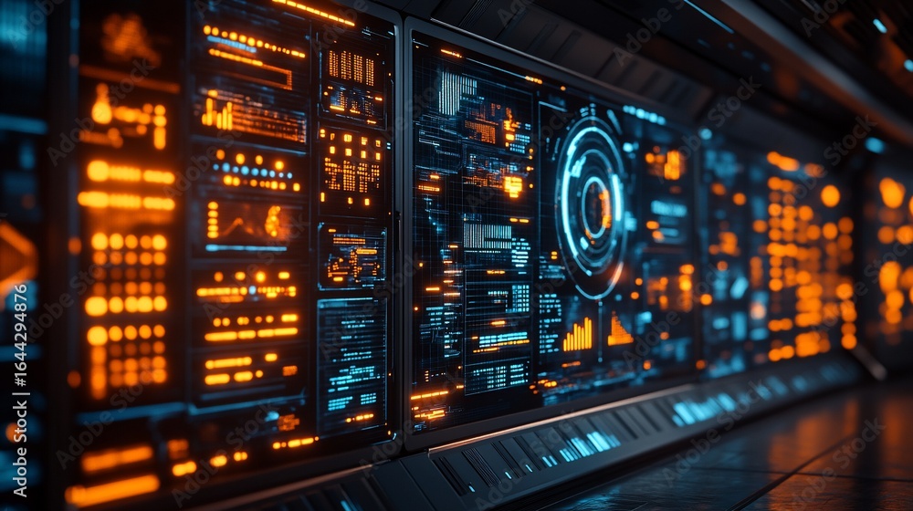 Fototapeta premium Futuristic wall-mounted control panels with glowing orange and blue displays. Detailed, high-tech interface with various data visualizations