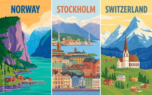 Vintage Travel Posters of Norway Stockholm and Switzerland with Mountains Lakes and Buildings for Tourism Promotion