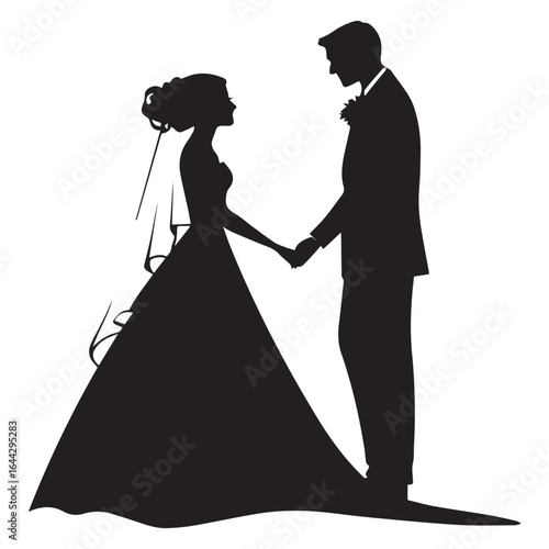 Illustration of a wedding couple in black silhouette isolated on white background, the bride and groom holding hands, vector graphic design element for decoration and invitation card