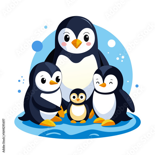 Adorable Penguin Family Vector Illustration on Snow, Isolated on White Background